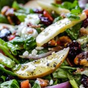 APPLE CRANBERRY BACON CANDIED WALNUT SALAD WITH APPLE POPPY SEED VINAIGRETTE