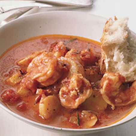 Shrimp and Fingerlings in Tomato Broth