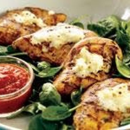 Grilled Chicken with Spinach, Feta and Red Pepper Sauce