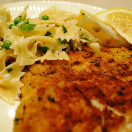 Crispy Parm-Crusted Fillet of Fish And Buttery Bow Ties With Peas