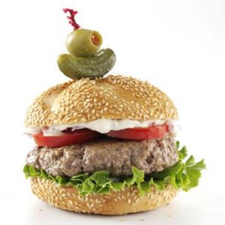 Best Beefy Burgers with Roasted Onion & Peppercorn Mayo Recipe