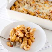 Baked Shells with Pesto, Mozzarella, and Meat Sauce