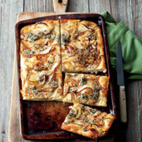 Focaccia with Caramelized Onions, Pear and Blue Cheese
