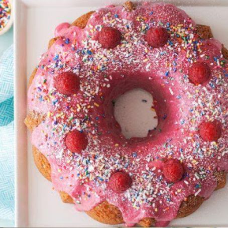 Rainbow Chip Bundt with Fresh Raspberry Glaze