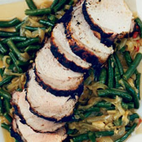 Grilled Pork Rib Roasts with Green Beans and Onions