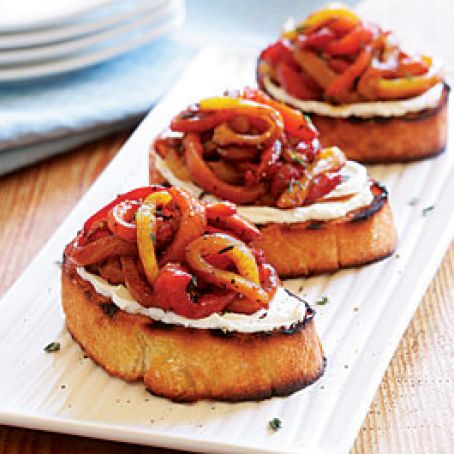 Grilled Goat Cheese Crostini with a Tangle of Marinated Roasted Peppers