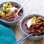 Beef and Black Bean Chili with Toasted Cumin Crema and Avocado Relish