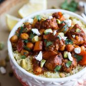 One Pot Moroccan Chicken + Chickpeas with Pistachio Couscous and Goat Cheese