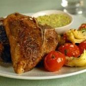 Lamb Chops with Tomato-Artichoke Sauté and Pistachio Sauce