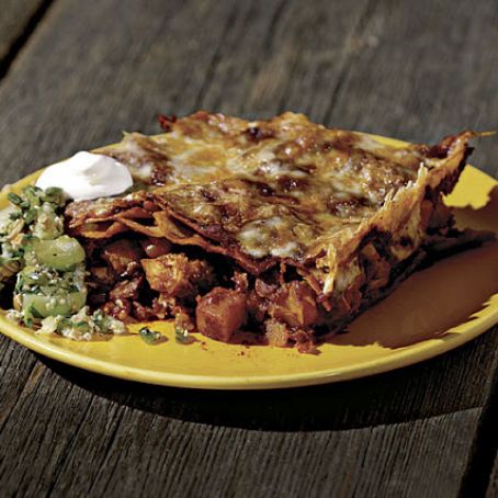 Pumpkin Enchilada Casserole with Red Chile Sauce and Poblano-Pepita Salsa