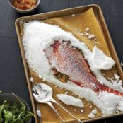 Salt-Crusted Snapper with Eggplant-Raisin Puree