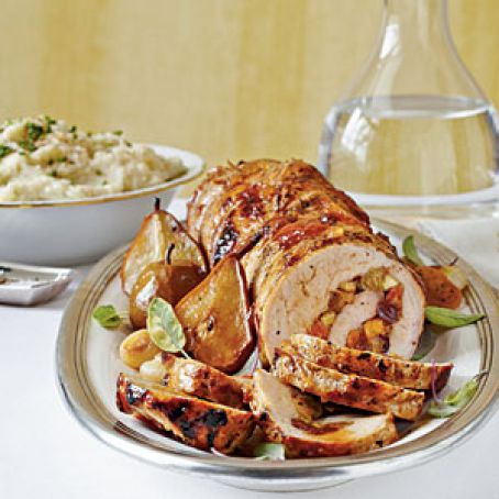 Spicy Fruit-Stuffed Pork Loin with Roasted Pears and Onions