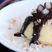 Coconut Custard with Mounds Candy Bar Chocolate Sauce