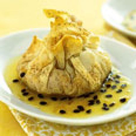 Guava and Manchego Phyllo Pouches with Passion Fruit Syrup