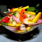 LANGOSTINOS CON VODKA Y CEVICHE DE MANGO