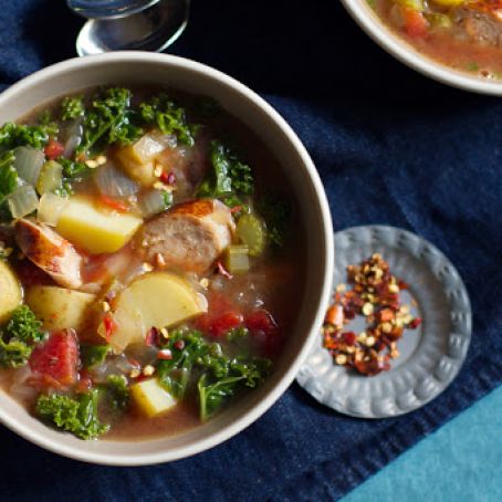 Roasted Tomato, Kale, Sausage, and Potato Soup