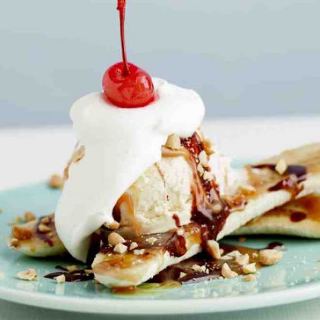 Grilled Banana Splits with Hot Fudge and Rum Caramel Sauce