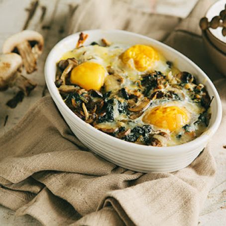 BAKED - Eggs Baked Over Sautéed Mushrooms and Spinach
