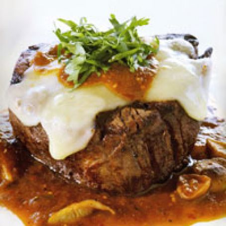 Beef Tenderloin Filets with Shiitakes in Morita Chile and Tomatillo Sauce