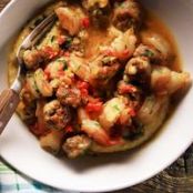 Sausage, Shrimp and Peppers over Cheesy Grits