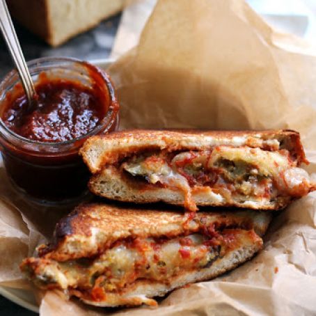 Eggplant Parmesan Grilled Cheese with Chili Tomato Jam