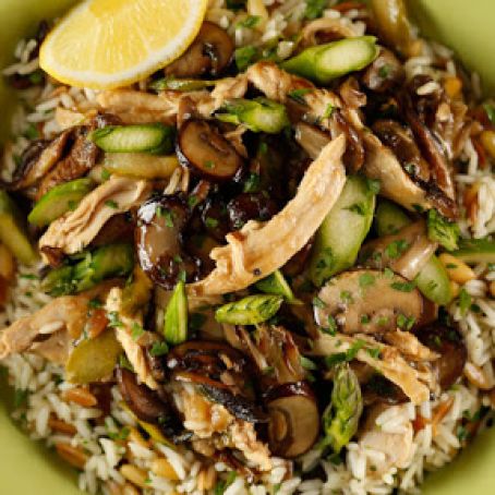 Mushroom, Asparagus, Chicken Sauté with Rice Pilaf