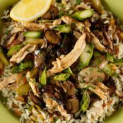 Mushroom, Asparagus, Chicken Sauté with Rice Pilaf