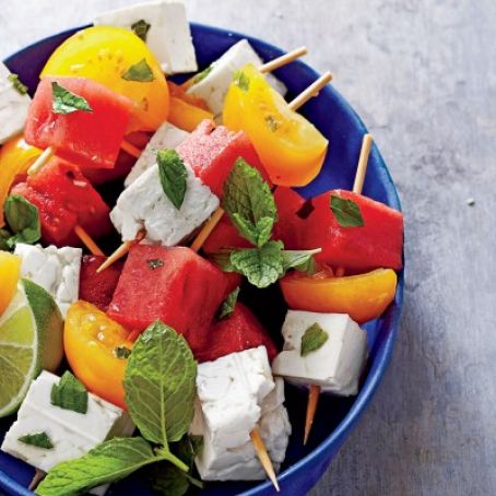 Tomato, Watermelon, and Feta Skewers with Mint and Lime
