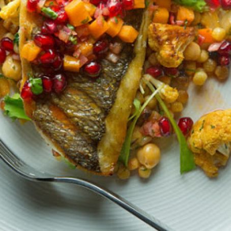 Grilled Orata with Cauliflower, Fregola, and Persimmon-Pomegranate Salsa