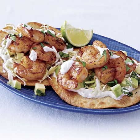 Tequila-Chipotle Shrimp Tostadas with Lime and Sour Cream
