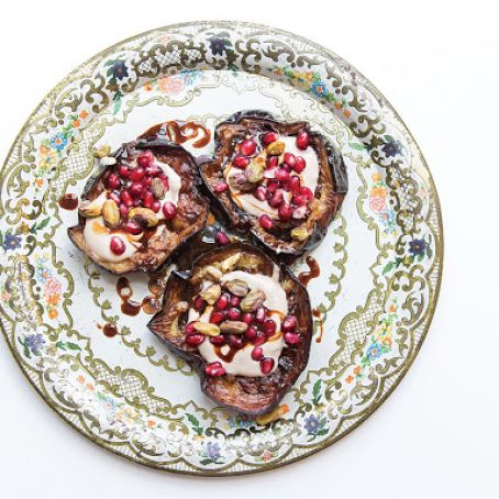RECIPES FRIED EGGPLANT WITH TAHINI AND POMEGRANATE SEEDS