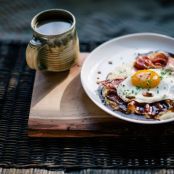 Goat Cheese Grits with Red Eye Gravy, Country Ham and Fried Eggs