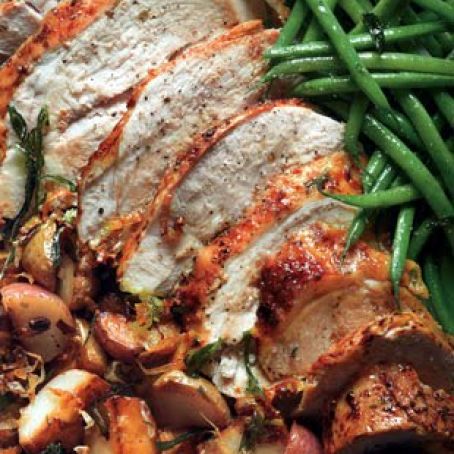 Roast Turkey Breast with Potatoes, Green Beans, and Mustard Pan Sauce
