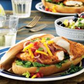 Firecracker Fish Sandwiches with Green Mango Salsa & Greens with Blueberry Vinaigrette