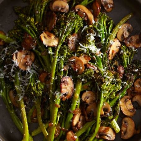 Roasted Broccolini with Winey Mushrooms