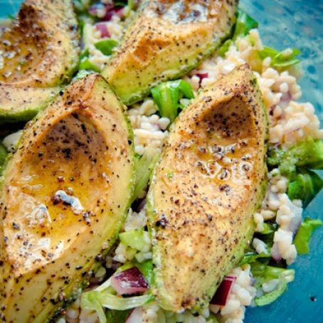 Roasted Avocado Over Mixed Lettuce & Couscous