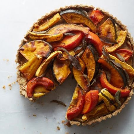 Roasted squash and heirloom bean tart with pumpkin seed crust.