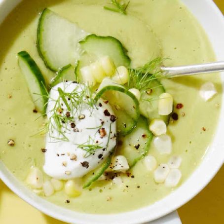 Corn and Avocado Soup with Pickled Cucumbers Recipe