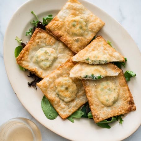 Crispy Wonton Pea and Ricotta Ravioli