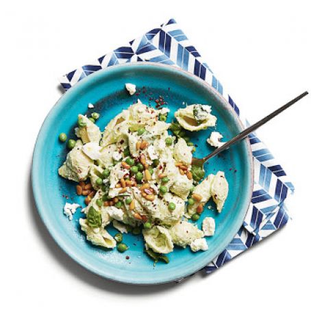 Pasta Shells and Green Peas with Pine Nuts, Basil and Greek Yogurt