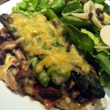 Grilled Chicken Breast with Speck, Crimini, and Asparagus