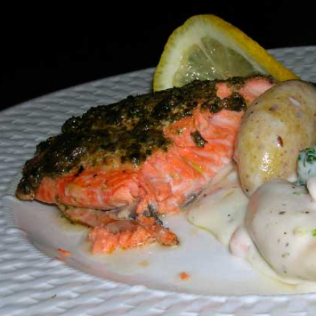 Plank Grilled Pesto Topped Salmon