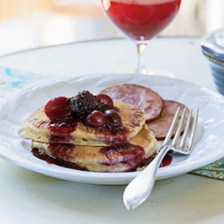Almond-Buttermilk Hotcakes with Blackberry-Grape Sauce