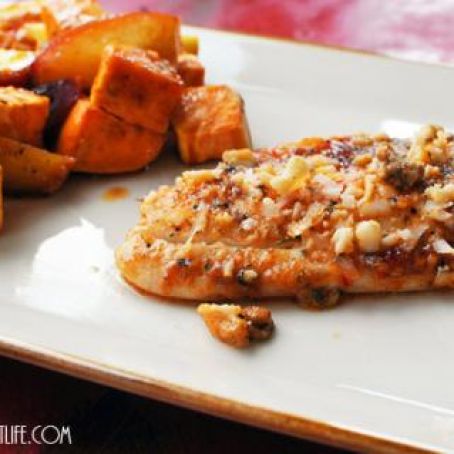 Bourbon Tilapia w/Baked Sweet Potatoes & Peaches}