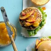 Cheddar-Stuffed Turkey Burgers with Peach Ketchup