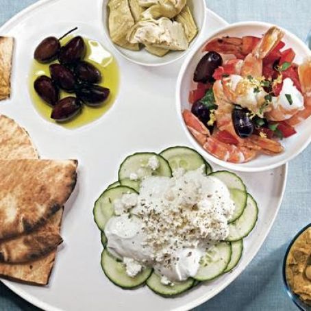 Meze Platter with Hummus, Shrimp Salad, and Cucumber Salad