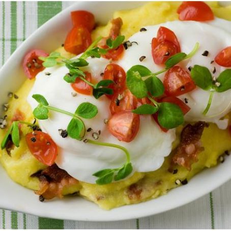 Poached Eggs with Bacon Polenta and Cherry Tomatoes