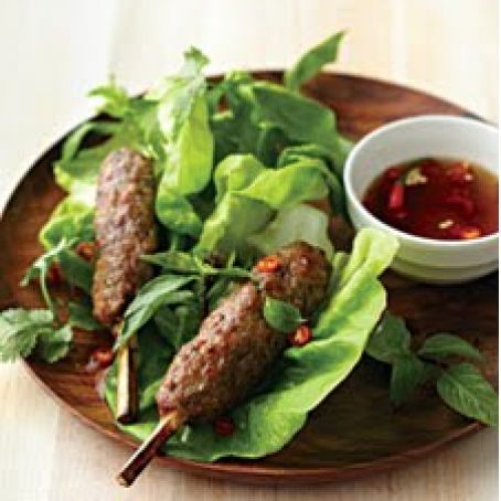 Vietnamese Kebabs with Sugarcane Skewers, Dipping Sauce, and Lettuce Cups