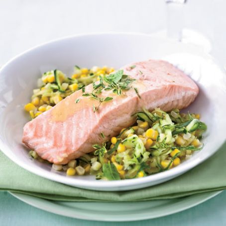 Poached Salmon with Corn and White Wine-Butter Sauce