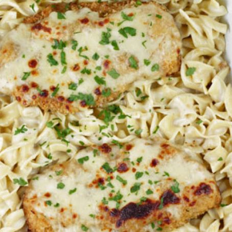 Oven Fried Swiss Cheese Chicken with Egg Noodles in a Creamy Sauce